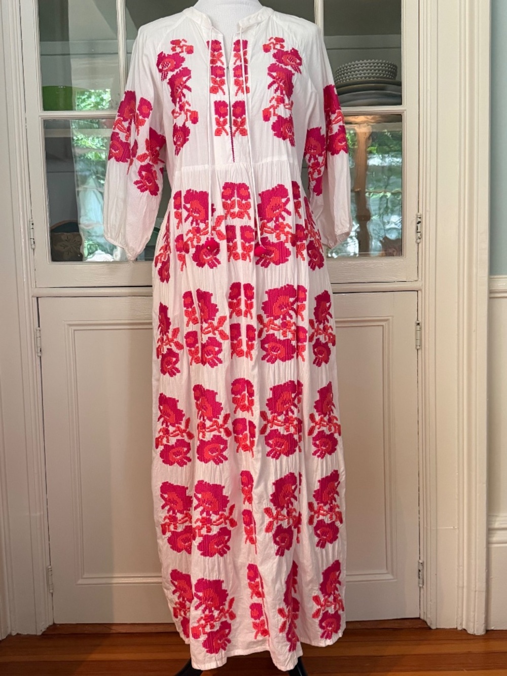 Nimo With Love Cotton Embroidered Floral Maxi Dress, Large, Red Pink & White